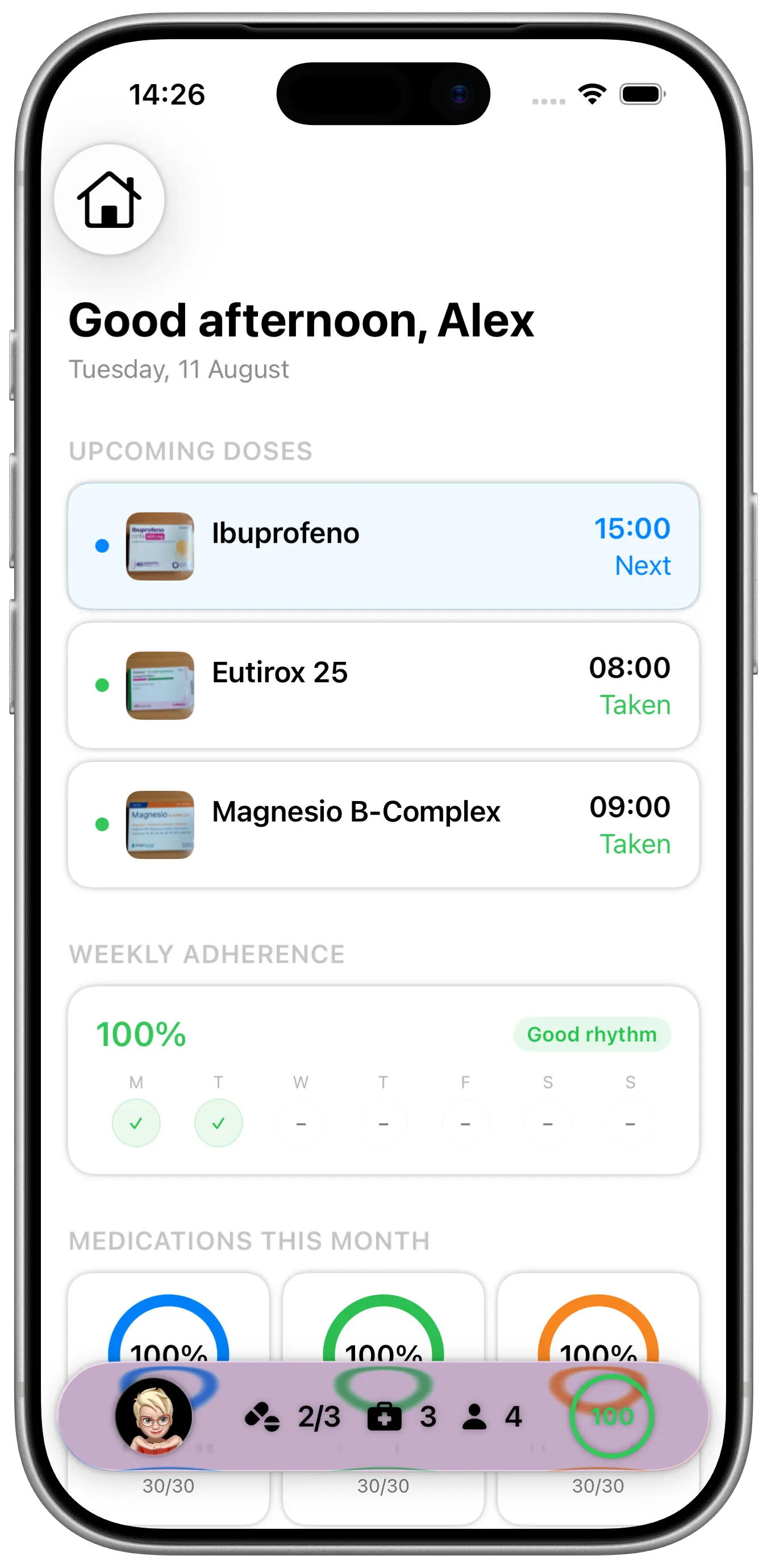 PillRem home screen with today’s doses, weekly adherence and medications this month